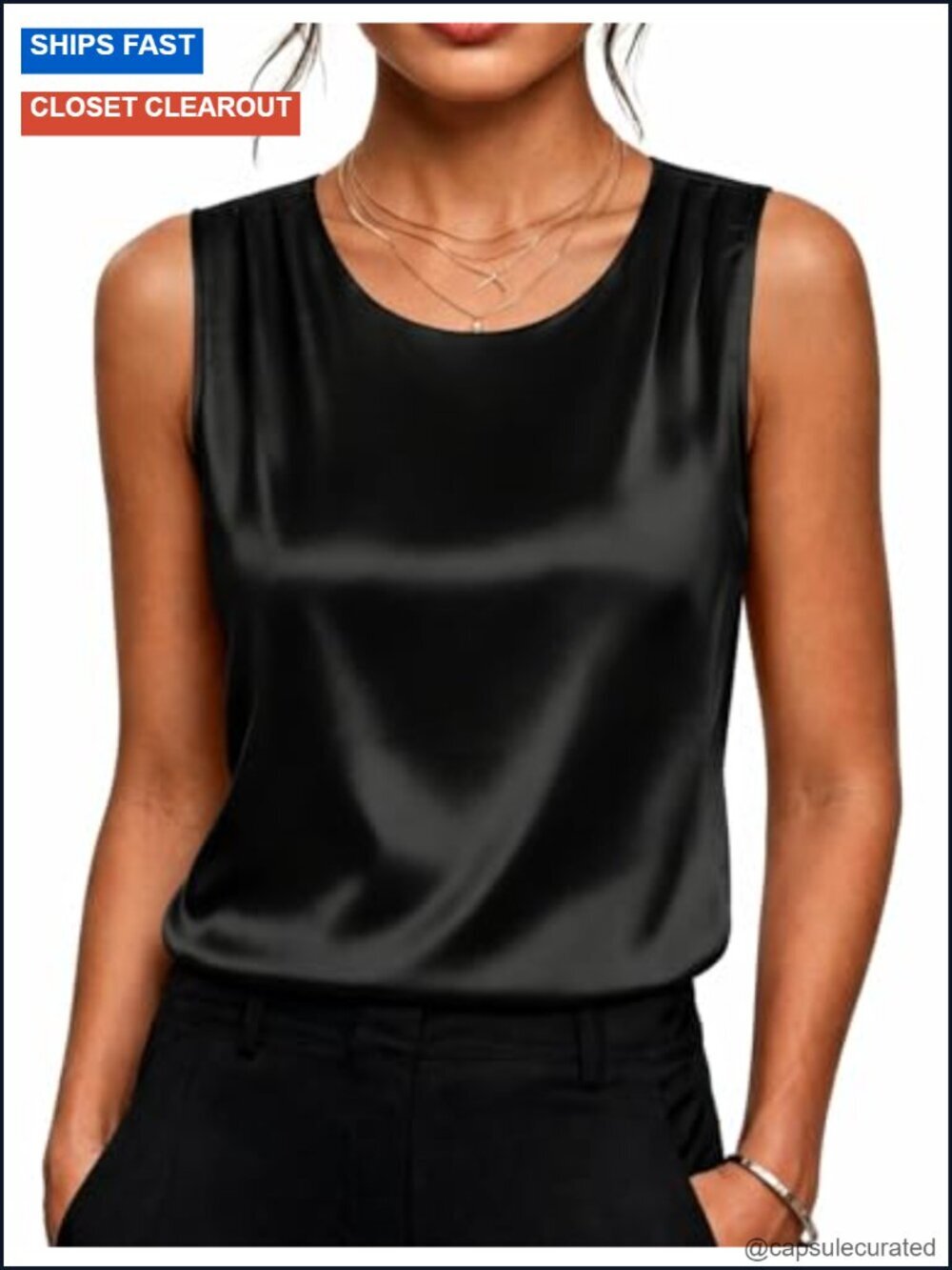 Satin Tank Top Pleated Sleeveless Blouse Dressy Casual Summer Tops